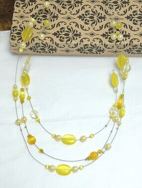 Handmade Yellow & Orange Cats Eye Beaded Multi Strand Wire Necklace 18-20"